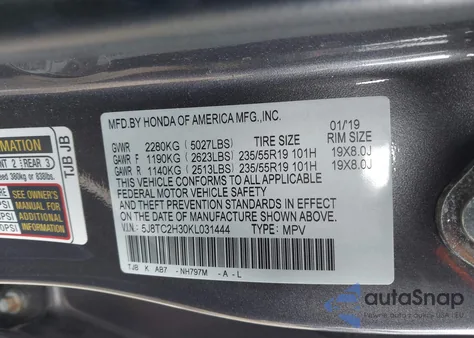 2019 Acura Rdx Standard from USA, damaged, VIN 5J8TC2H30KL031444